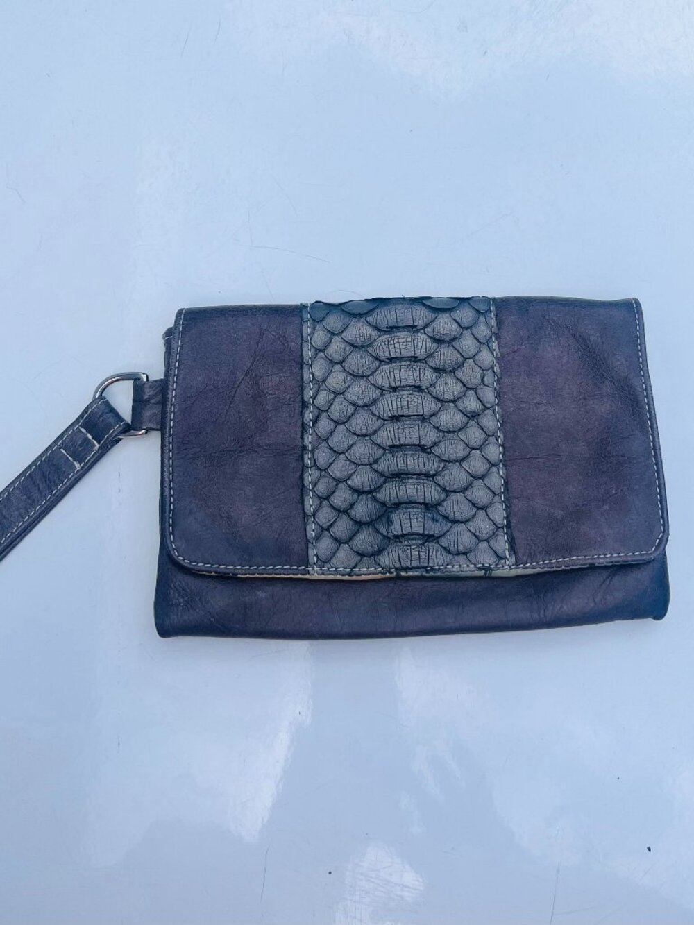 Jane Cooper Genuine Python & Leather Wristlet Clutch, Hand-Painted Desert Lining
